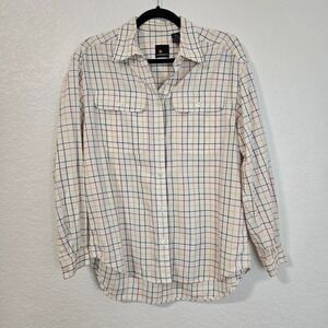 Lizsport Womens Cotton Tattersall Plaid Button Down Shirt White Multi Color M
